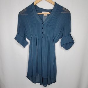 Charlotte Russe Sheer 3/4 Sleeve Pleated Top Dark Teal S